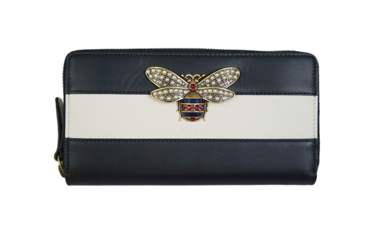F028 GUCCI グッチ ハチ装飾 ラウンドジップ 長財布 ☆ 8224 ホワイト 