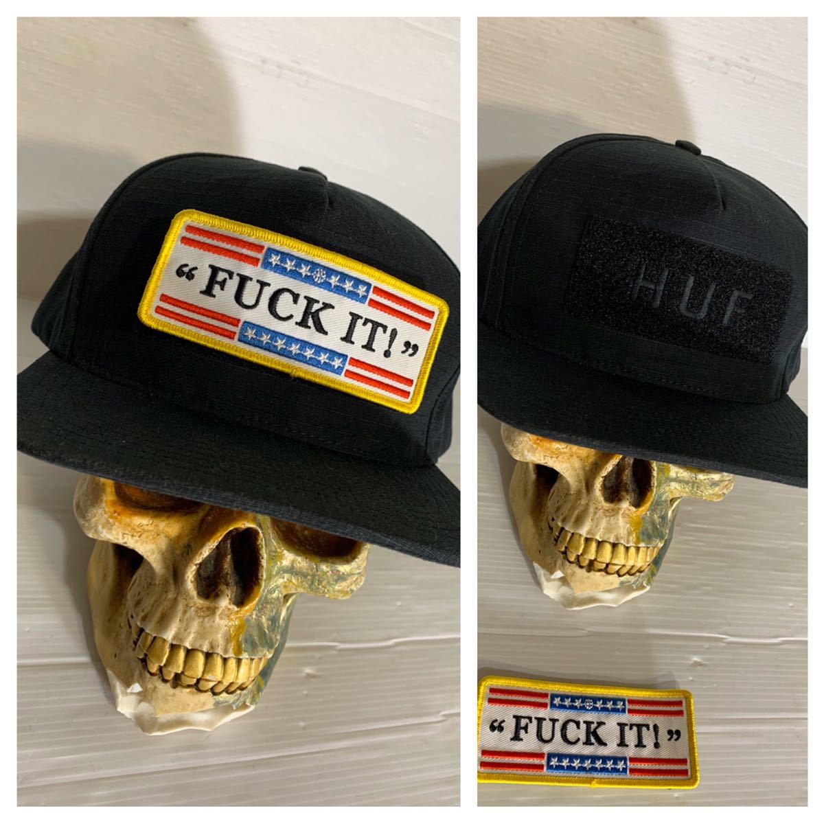 セール，本物保証 HUF ハフ USA製 黒 着脱 星条旗 アメリカ国旗モチーフFUCK IT &times; デカロゴ ボックスロゴ ベースボールキャップ 帽子 ブラック(野球帽)｜売買されたオークション情報、yahooの商品情報をアーカ 野球帽