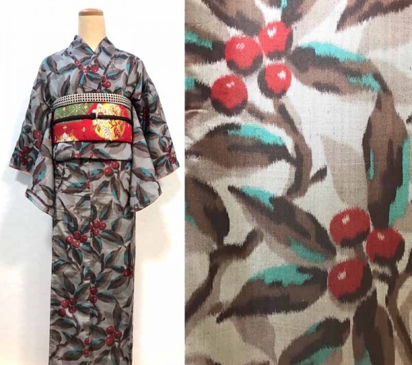 美品 アンティーク 銘仙 着物 正絹 しつけ付き 身丈149㎝ 赤い実と 