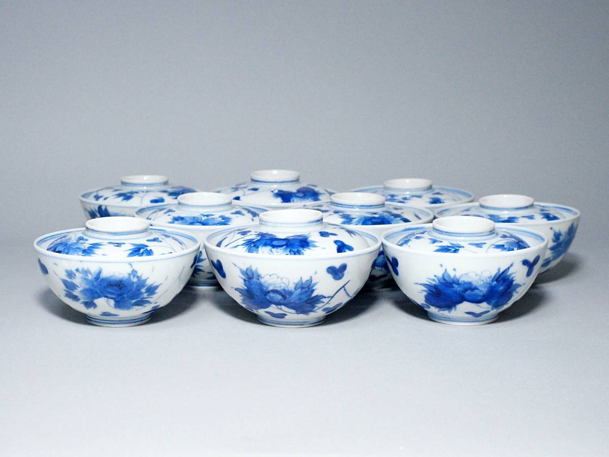瀬戸 花の図 蓋茶碗 九客 No.B4-1225B 古伊万里 瀬戸 花の図 蓋茶碗 九