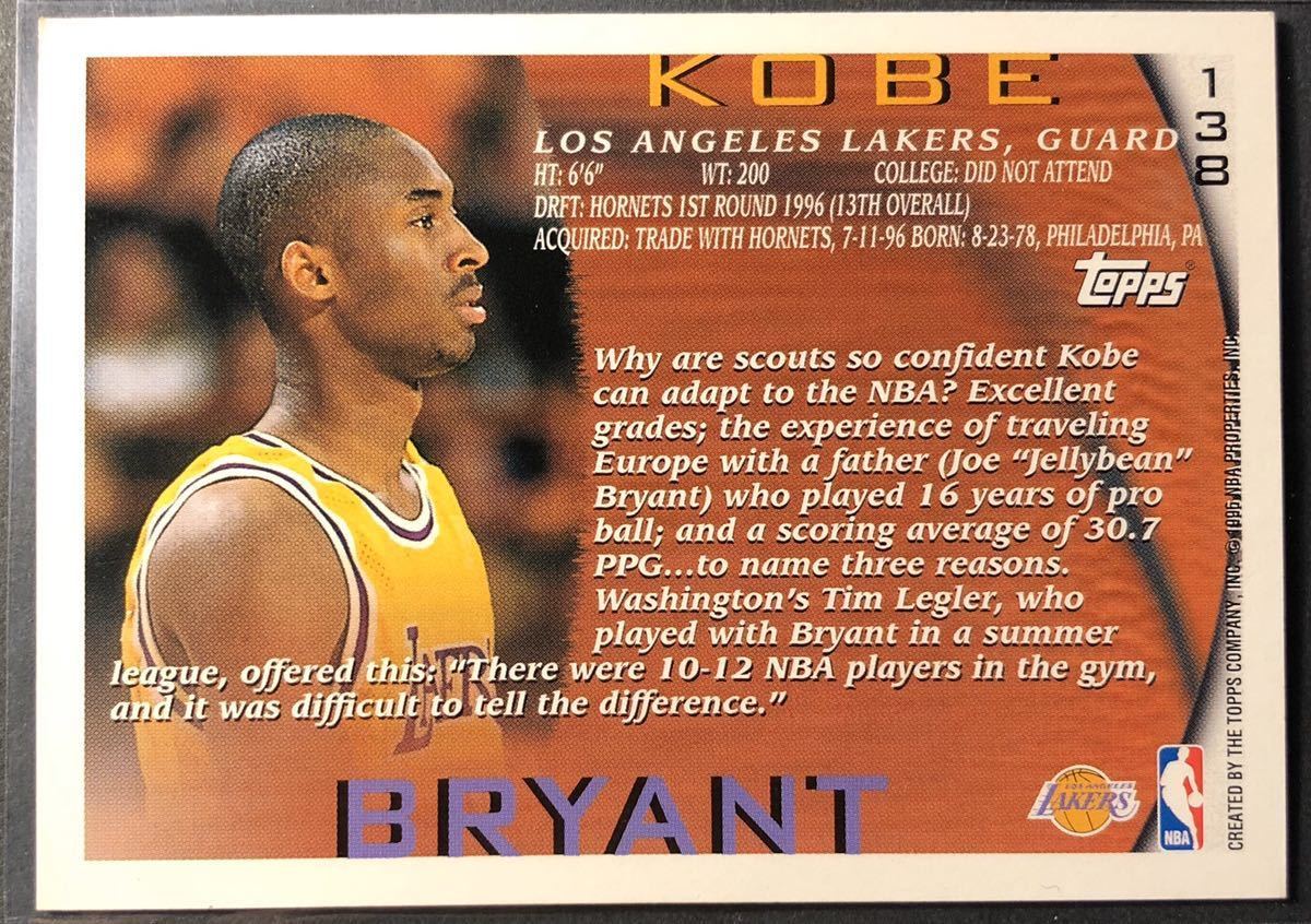 NBAカード　コービーブライアント　96-97 ルーキーカード　KOBE 96-97 Topps RC Kobe Bryant コービーブライアント コービ レイカーズ