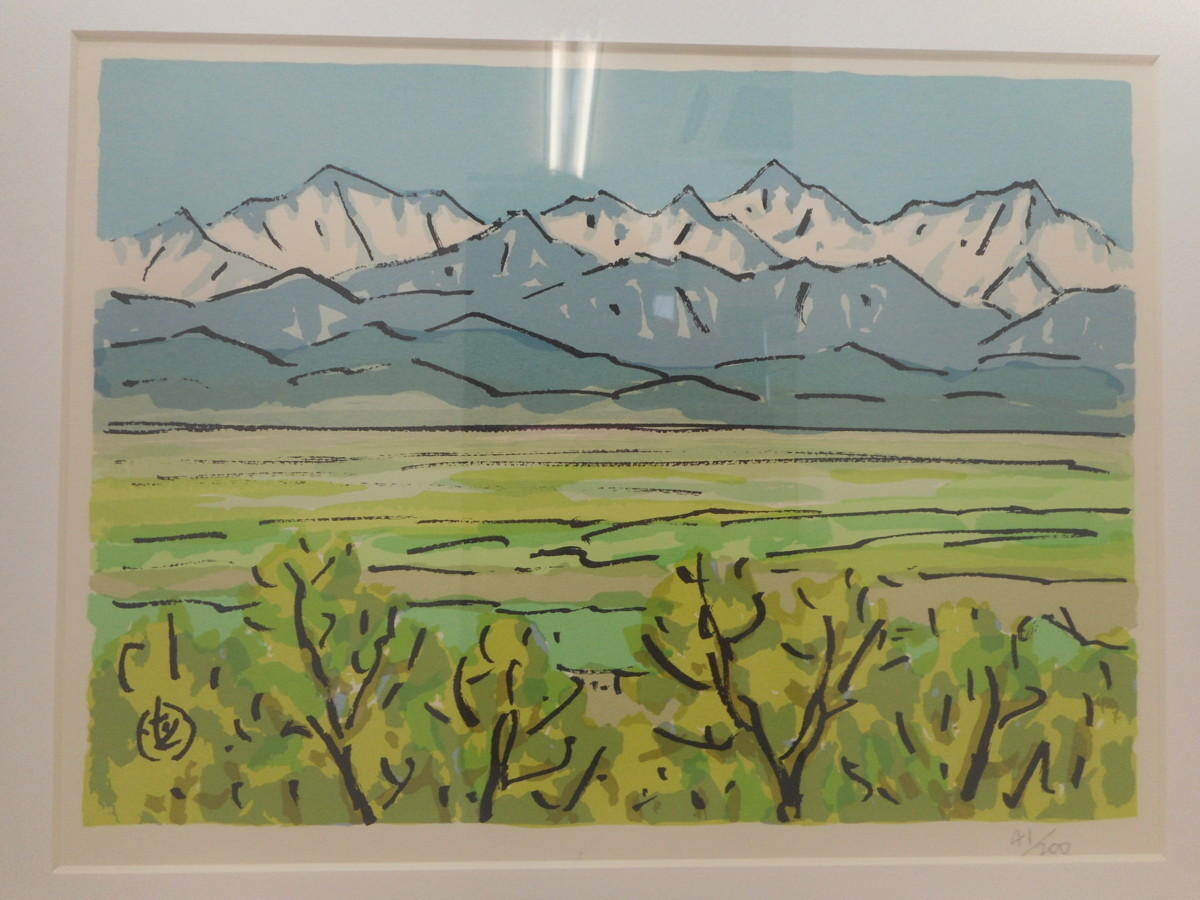 め2 坂本直行 新緑の原野と日高連峰 額装 風景画 インテリア 絵 芸術