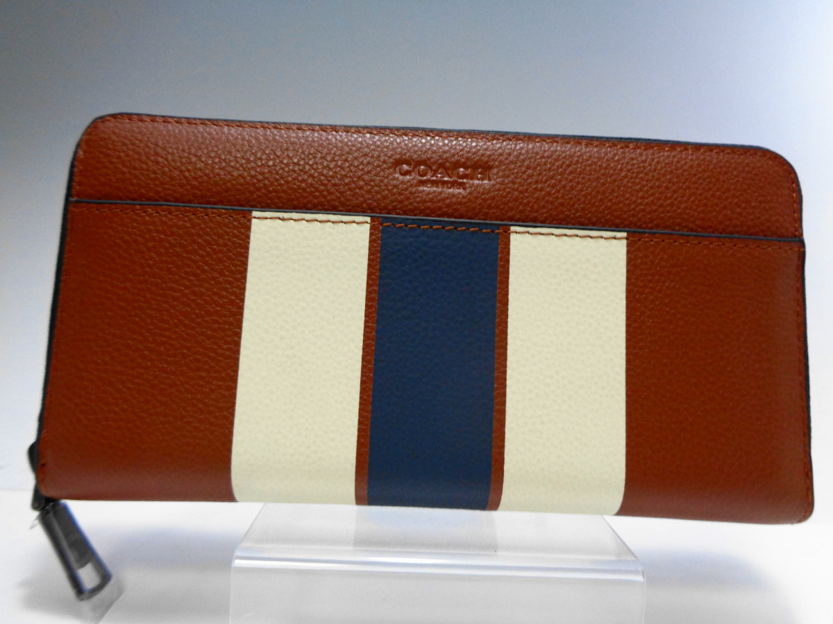 新品定価約2.4万 新品 同様 未使用 コーチ COACH ヴァーシティ ストライプ ダークサドル ジッピー 長財布 レザー メンズ レディース (34)