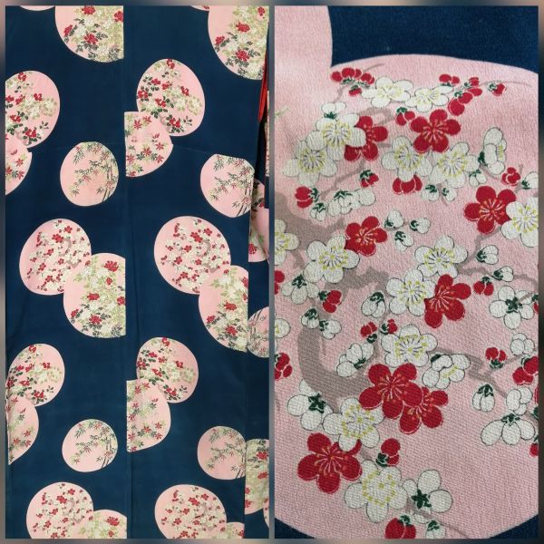 きものさらさ　アンティーク　着物　青緑地　丸文様　梅　牡丹　錦紗　大正ロマン　正絹　レトロ　古布　リメイク　材料