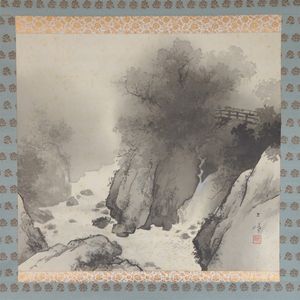 模写】日本画 橋本関雪 赤壁舟遊図 絹本 掛軸 共箱 新南画 海景 MB569