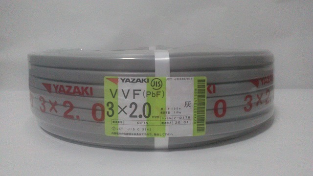 送料無料 未使用 YAZAKI VVF2.0-3C 黒白赤 100m NO，4 未使用VVF