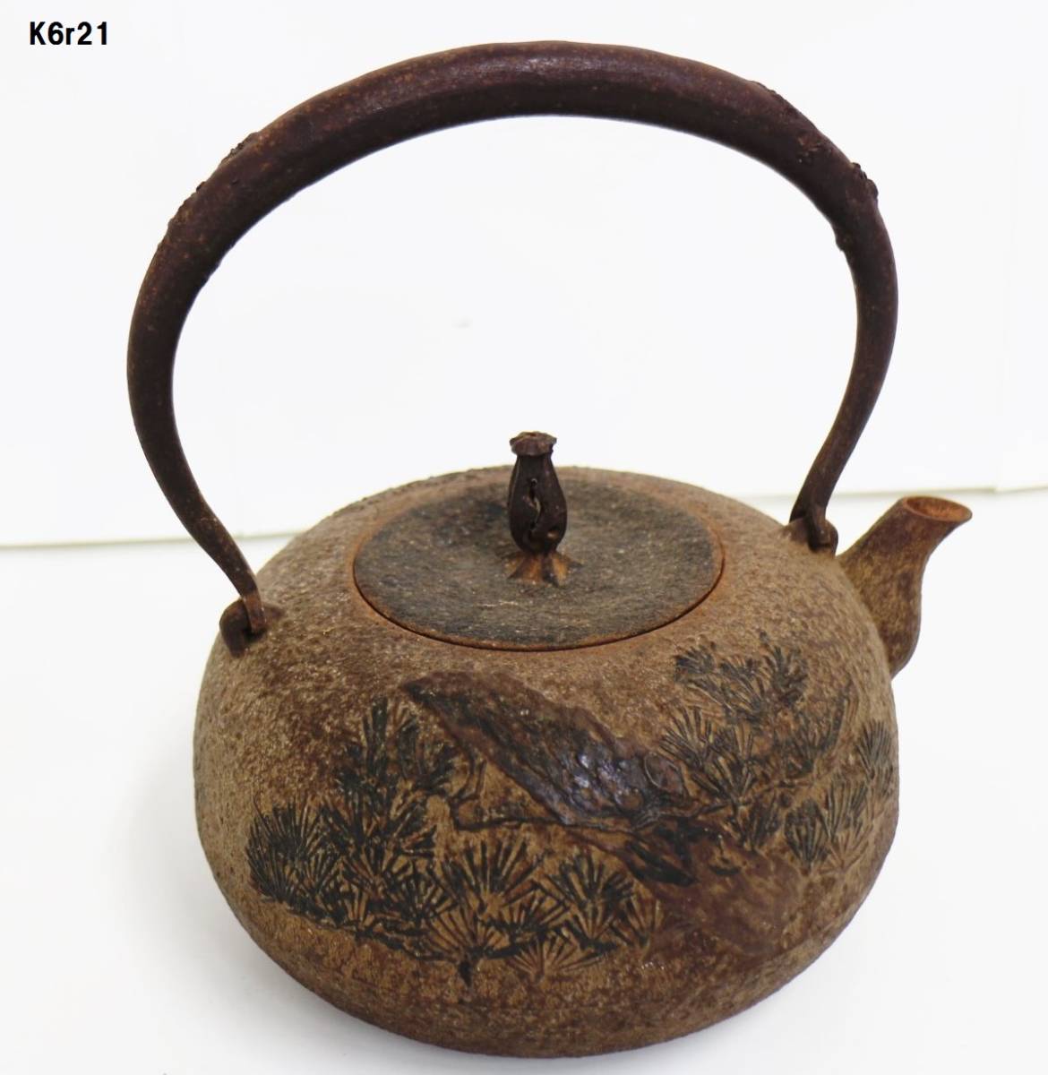CM901 時代物【龍文堂造】唐銅蓋 霰地紋南部形鉄瓶・鐵瓶・鐵壺 重量