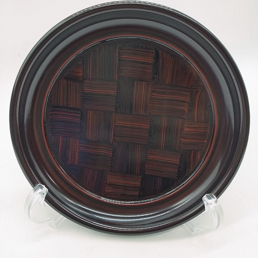 P364　越前塗　木乾　椿皿　溜　アジロ　5客セット　サイズ:(約)直径15cm　漆器　銘々皿　※未使用、長期保管品_2