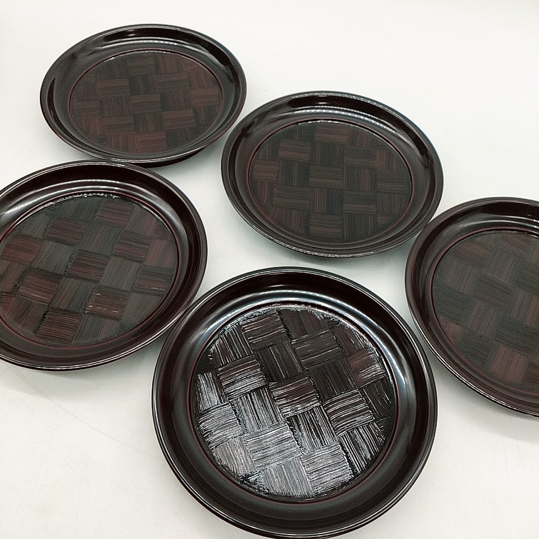 P364　越前塗　木乾　椿皿　溜　アジロ　5客セット　サイズ:(約)直径15cm　漆器　銘々皿　※未使用、長期保管品_4
