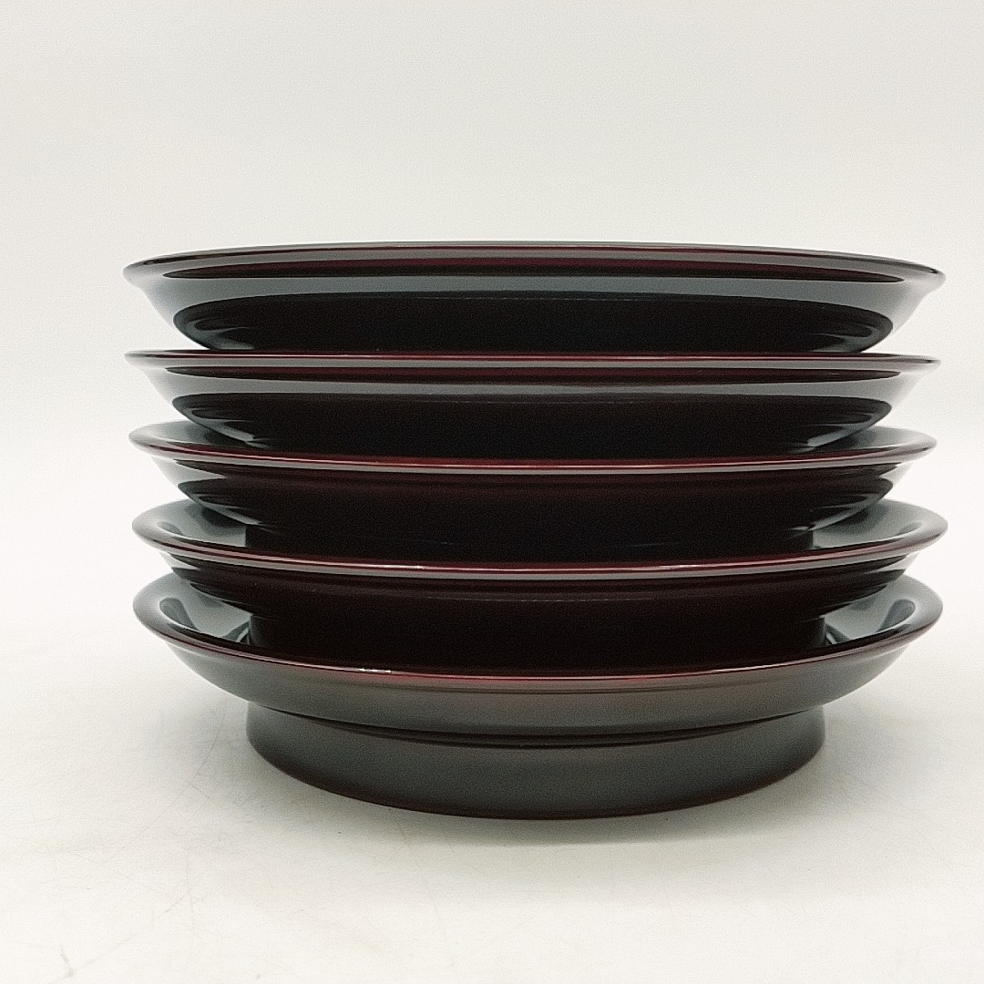 P364　越前塗　木乾　椿皿　溜　アジロ　5客セット　サイズ:(約)直径15cm　漆器　銘々皿　※未使用、長期保管品_6