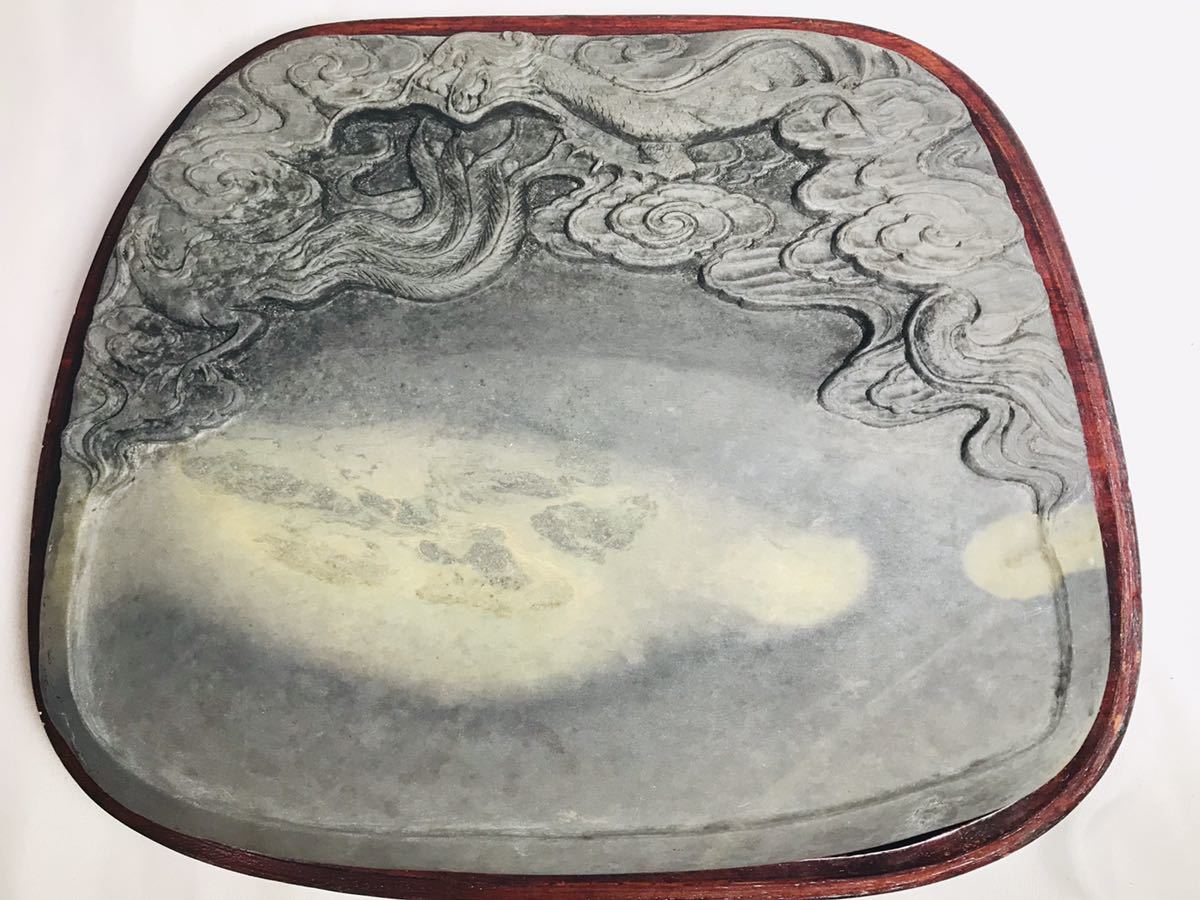 ☆【ト打】中国 硯 書道具 彫刻 すずり 龍 鯉？ 約1.6kg 20×16.5×2cm