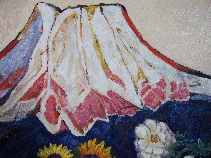 〇【牡丹富士図】 日本風景 富士逸品作 油彩M10号 額装 片岡球子 落款