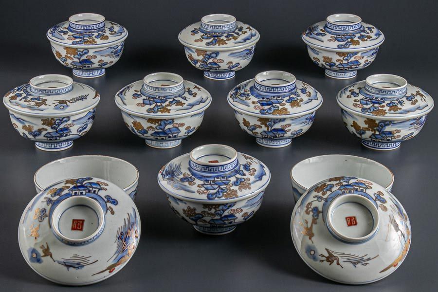真】古伊万里染付山水双鶴文蓋茶碗 10客 明治時代 4542