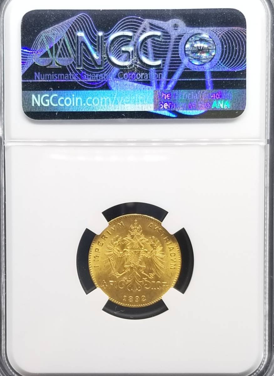 高鑑定】1892 オーストリア 10フラン 4フローリン金貨 NGC MS66 