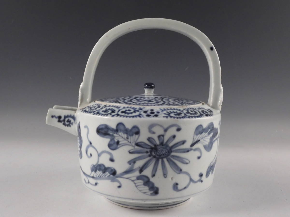 古伊万里 染付 | 手付き水注 美品 江戸後期 共蓋 花に