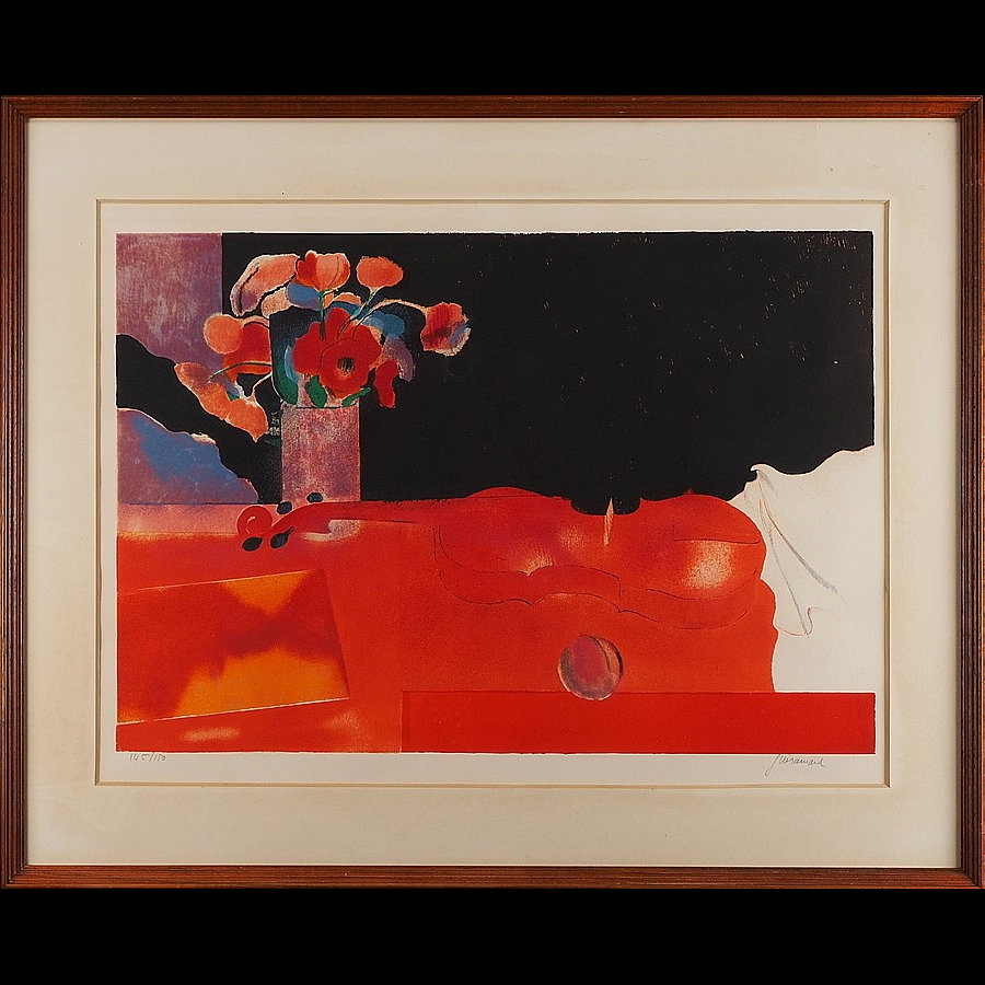 版画】【蘇山】[ギヤマン] 4423 絵画 リトグラフ 花とバイオリン 145
