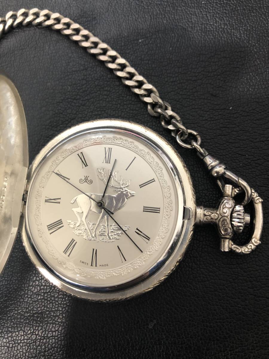 11755【美品・レア】ＭＯＤ.ＤＥＰ.手巻き高級懐中時計チェーン蓋付　シルバー調　稼働品