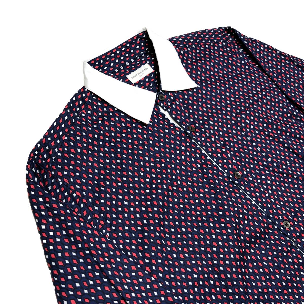 DRIES VAN NOTEN ダイヤ総柄 長袖 ドレスシャツ サイズ46 ネイビー 