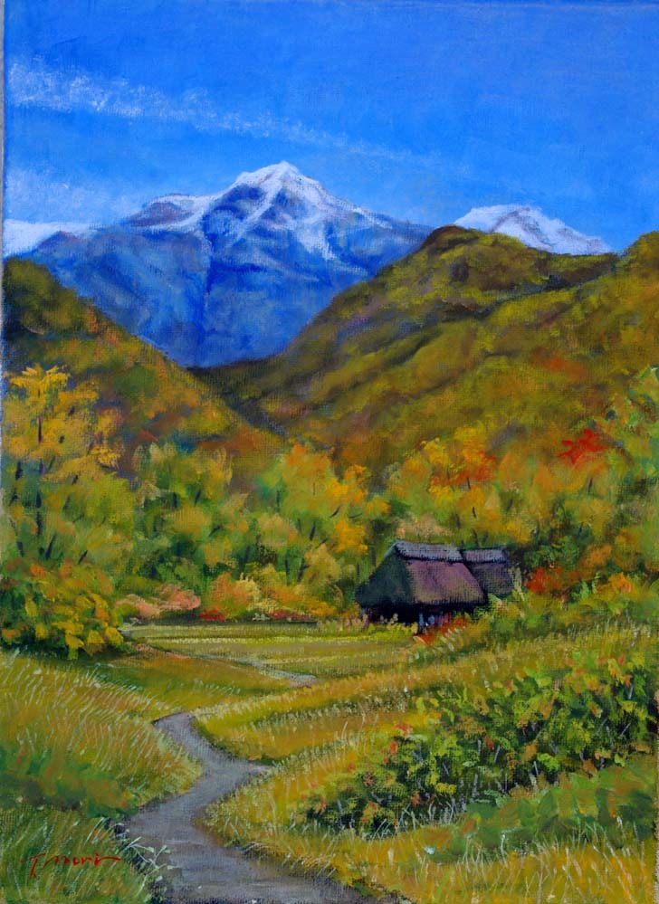 真作絵画 【純】山羽 斌士「油彩10号～新緑山合・豊かな色彩透き通る