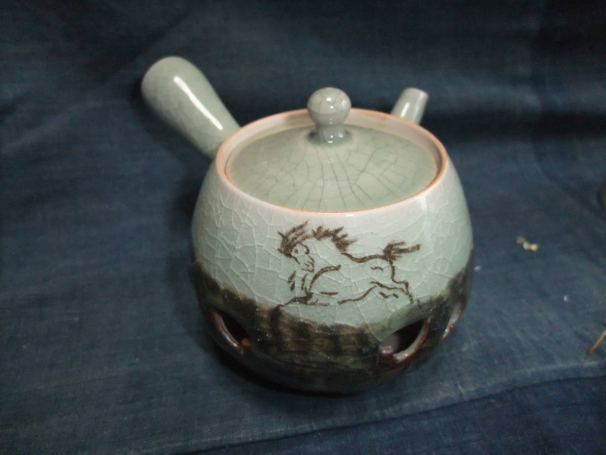 相馬 茶器セット 急須 湯呑み 貫入 11点 急須 相馬焼 - 湯冷まし 時代物 茶器揃え5客セット 相馬焼／金彩／前茶