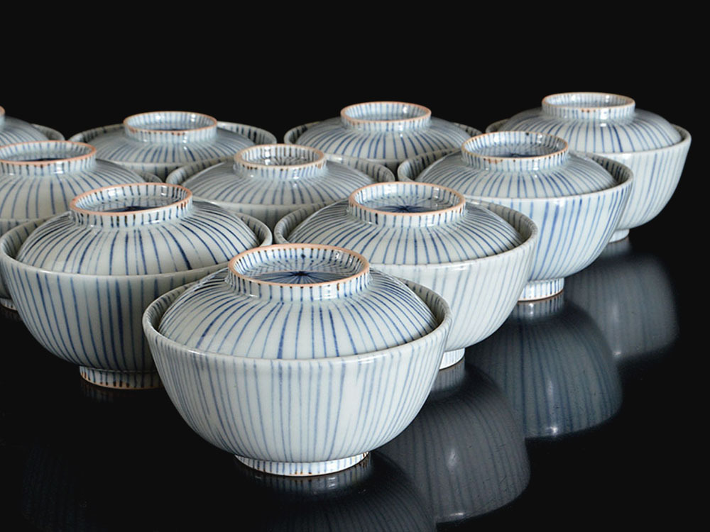 雲】某名家買取品 蕗窯 染付線描蓋茶碗 10客 直径12.5cm 懐石茶道具