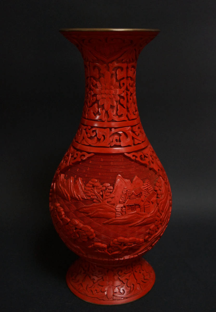 閑】堆朱 銅胎 細工彫『山水風景文』花瓶 飾り壺 / 花器 茶道具 B1201