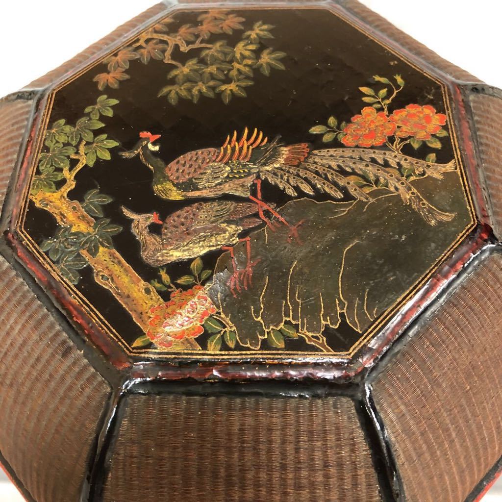古美術ささき 中上 沈金 彩絵 唐物喰籠 唐花唐草福壽七宝塗菓子器 木製