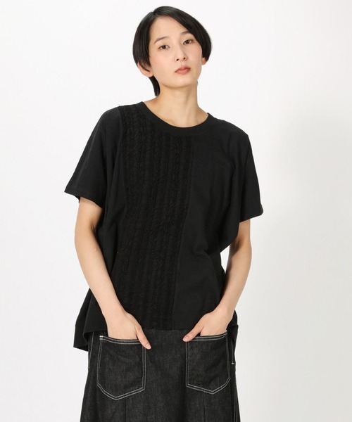 20SS ZUCCa ズッカ ガーゼ刺繍ドッキング/カットソー レース 切替 半袖