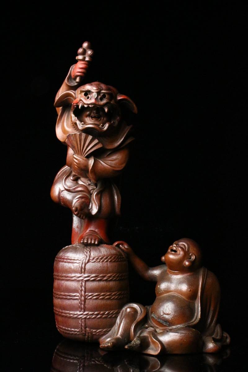 LIG 古備前 獅子舞大黒布袋 置物 37.5㎝ 伏香炉 細密細工 古美術品