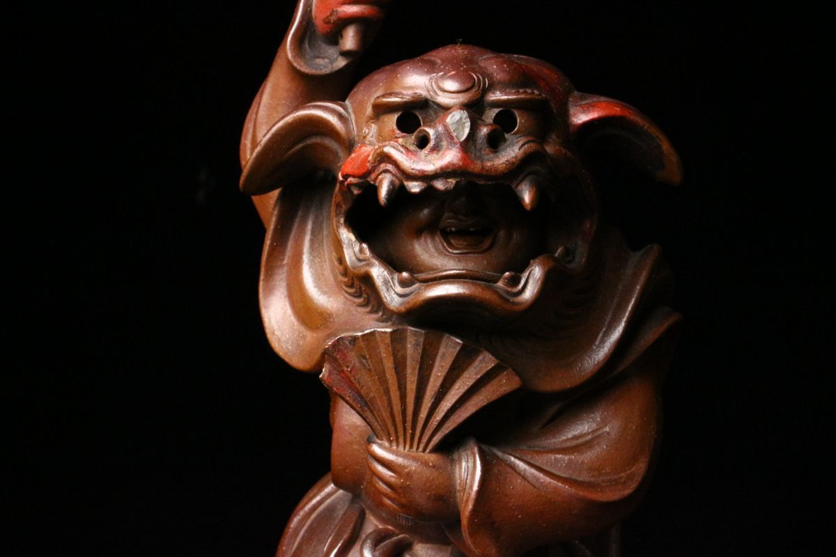 LIG 古備前 獅子舞大黒布袋 置物 37.5㎝ 伏香炉 細密細工 古美術品