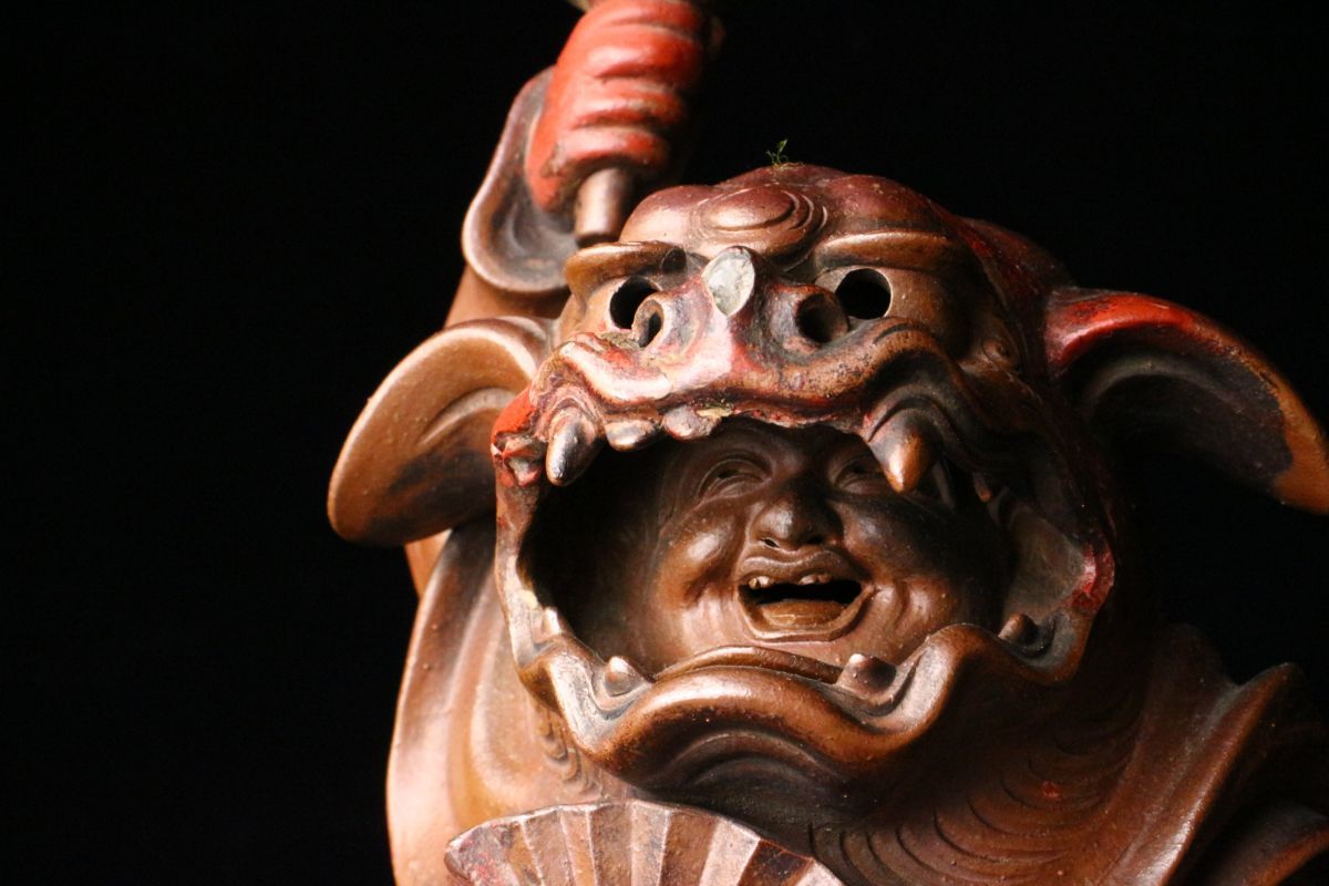 古備前　獅子被　獅子舞　細密細工　大黒天　七福神　縁起物　置物 LIG 古備前 獅子舞大黒布袋 置物 37.5㎝ 伏香炉 細密細工 古美術品