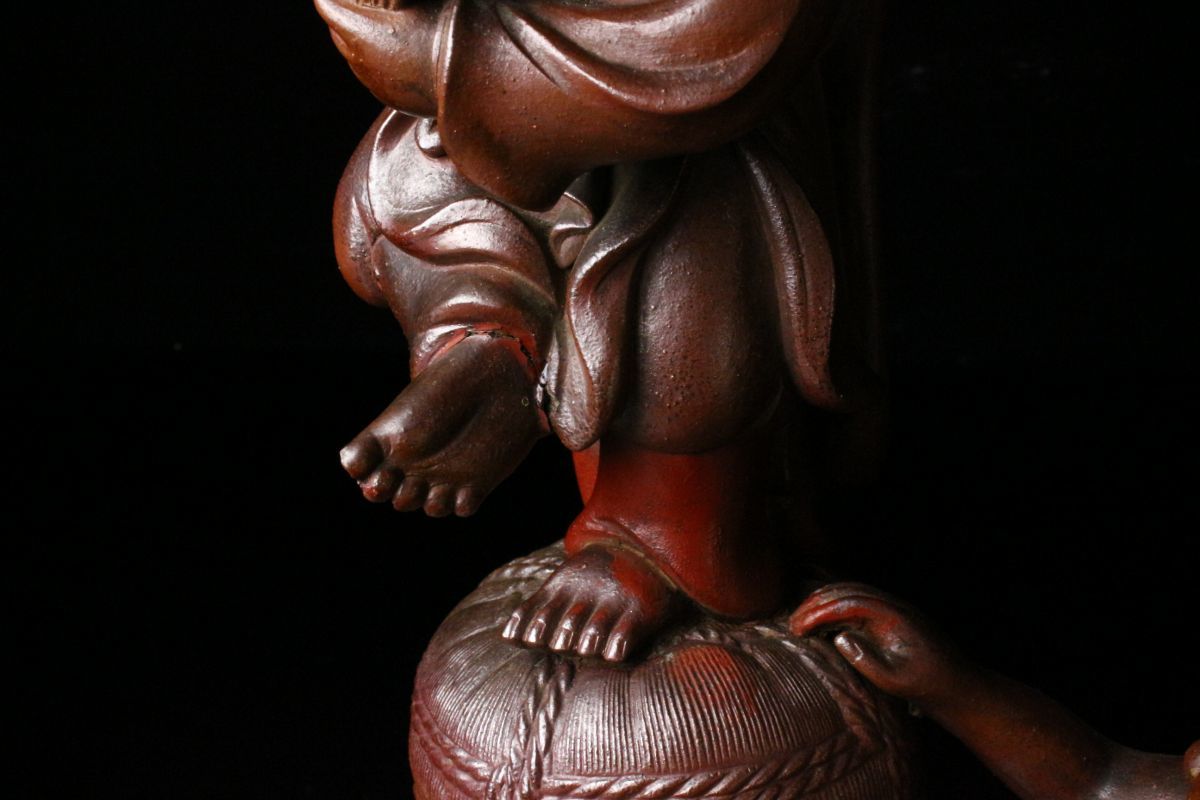 古備前　獅子被　獅子舞　細密細工　大黒天　七福神　縁起物　置物 LIG 古備前 獅子舞大黒布袋 置物 37.5㎝ 伏香炉 細密細工 古美術品