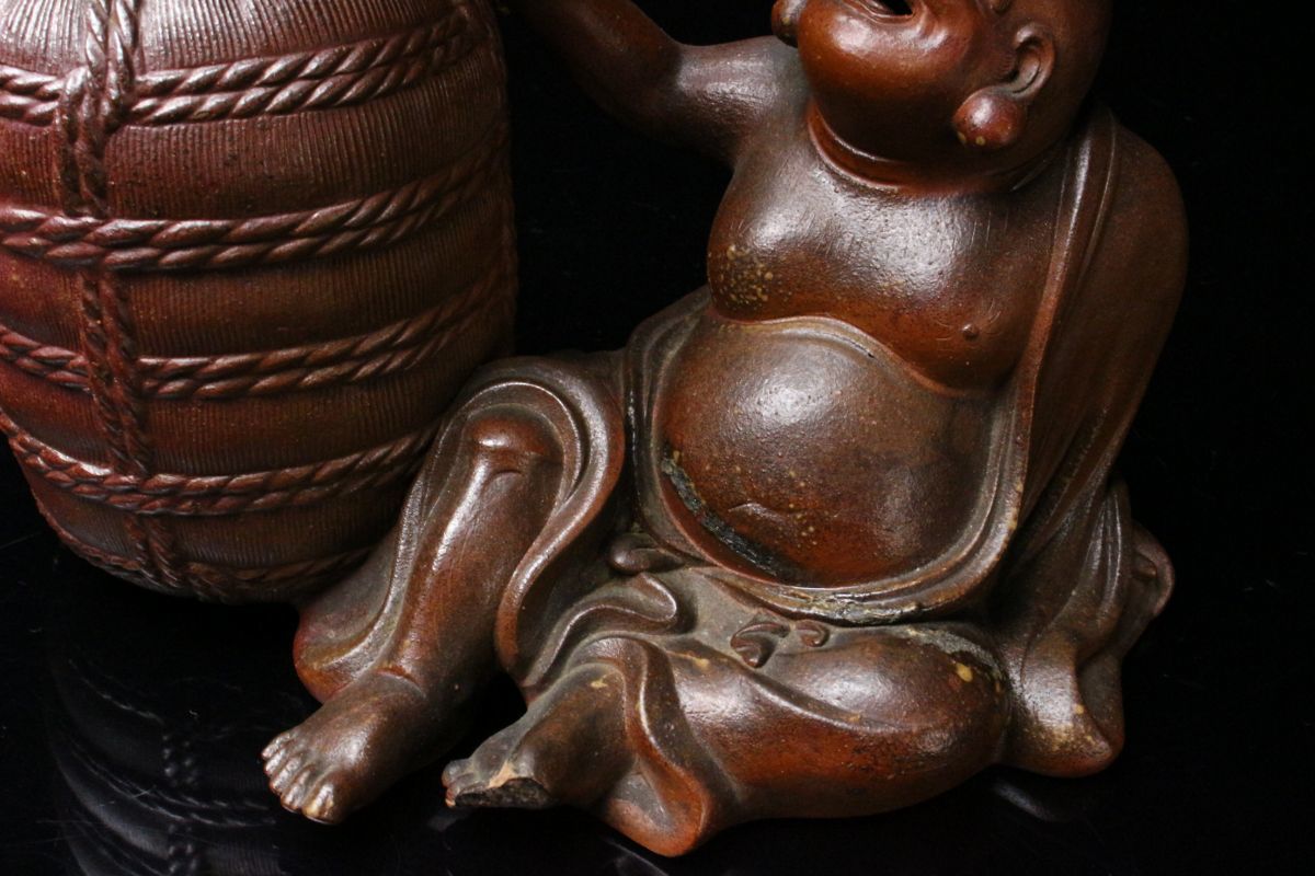LIG 古備前 獅子舞大黒布袋 置物 37.5㎝ 伏香炉 細密細工 古美術品