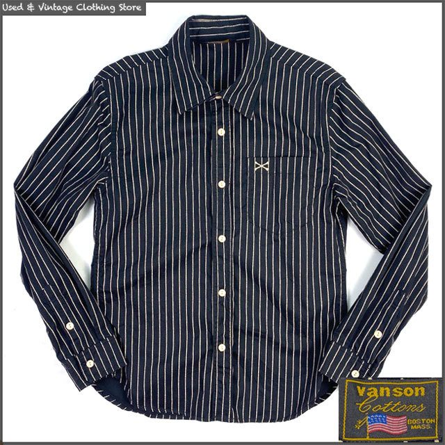 即決★VANSON★メンズM ウォバッシュ ワークシャツ バンソン 黒 ブラック 長袖 ストライプ クロスボーン刺繍 チンスト バイカー アメカジ