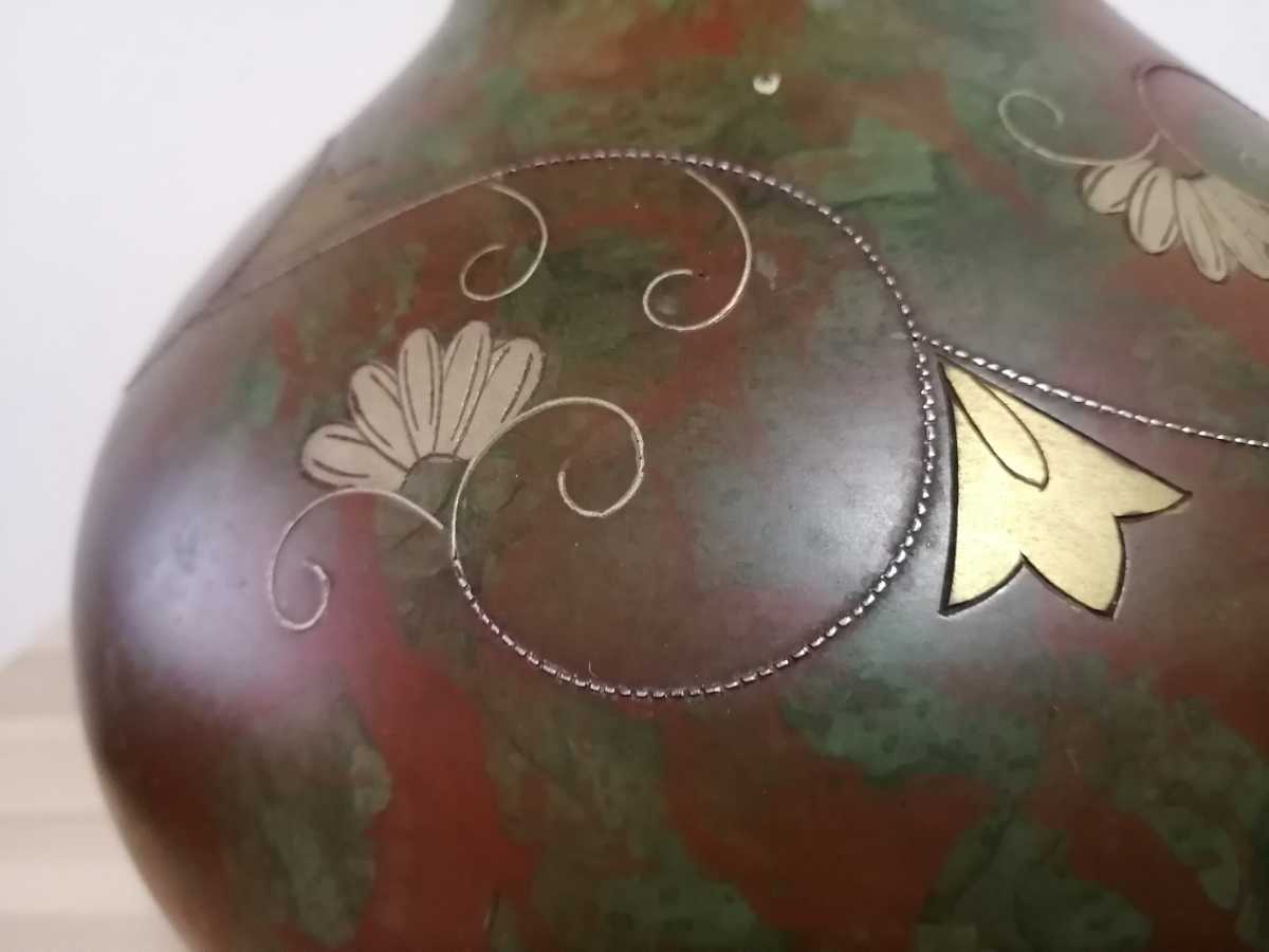 峰雲作 斑銅 銀線象嵌 彫金 広口花瓶 鋳銅花瓶 青銅花瓶