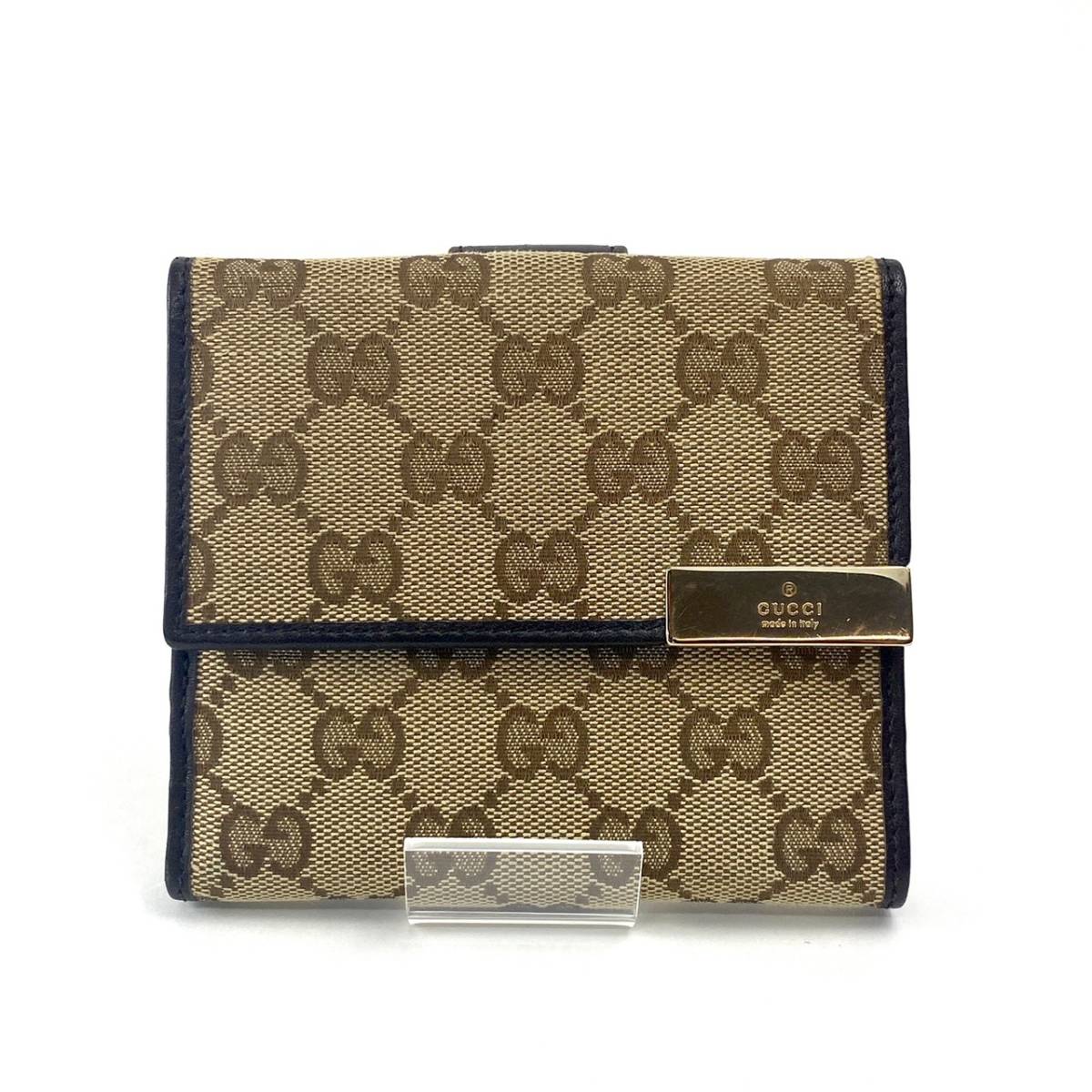 1円 品 GUCCI グッチ 257015 496085 GGキャンバス×レザー ゴールド金具 二つ折り 財布 ウォレット グレージュ系(女性 ...