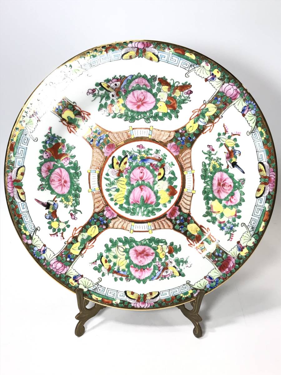 古美術 中国廣彩 細密手描画 花蝶文皿 26cm 手書き 中国美術 古美術 中国廣彩 細密手描画 花蝶文皿 26cm 手書き 中国美術