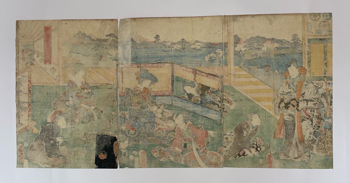 歌川国貞 弘化4～嘉永5年頃 3枚続揃 浮世絵(歌川 にわか夕立 | 国立