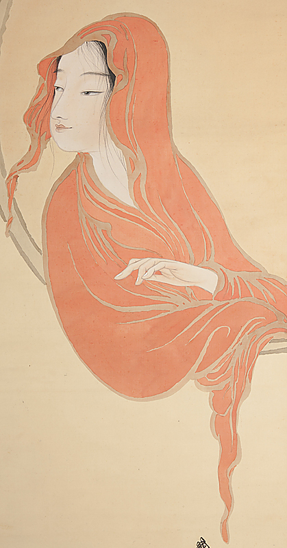五】尾竹国観 美人画 女達磨 絹本 彩色 真作 掛軸 箱付 【公式通販】