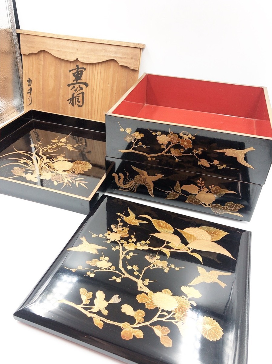 新作入荷，格安 輪島塗 お重 重箱 2段 漆器 蒔絵 金彩 金蒔絵 黒 朱