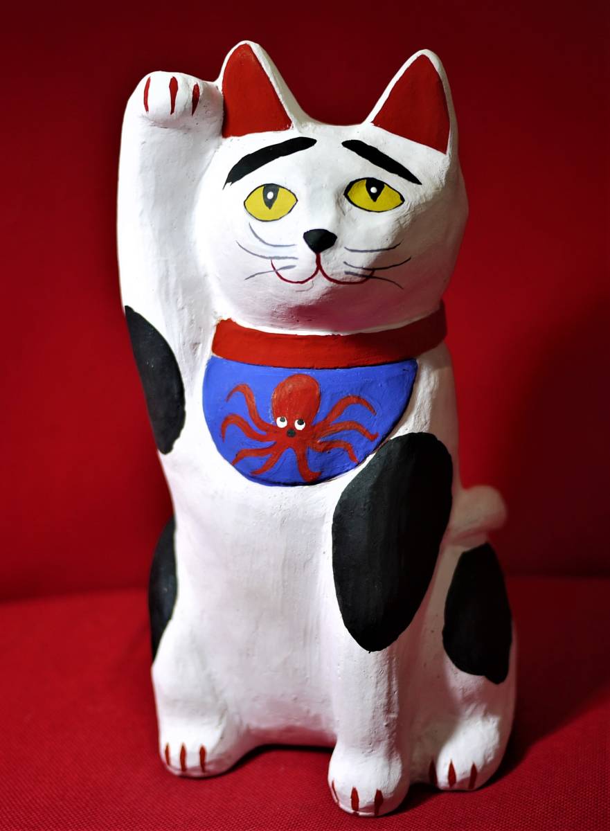 招き猫　陶器　置物　土人形　ぶちネコ　八朗　手びねり成形　高さ1９㎝　送料込み_1