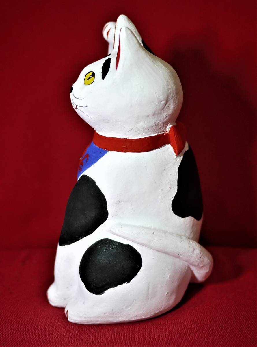 招き猫　陶器　置物　土人形　ぶちネコ　八朗　手びねり成形　高さ1９㎝　送料込み_3