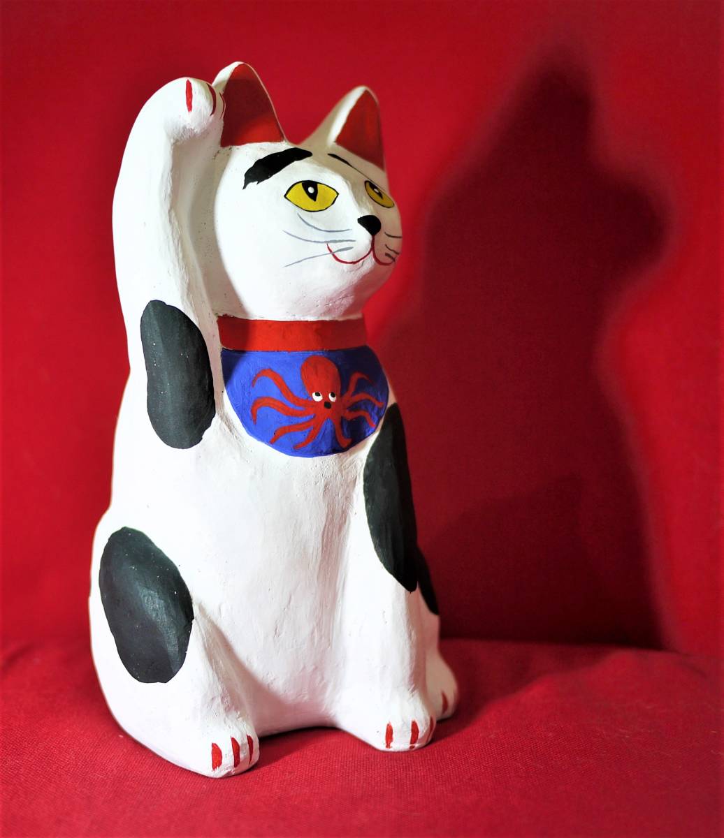 招き猫　陶器　置物　土人形　ぶちネコ　八朗　手びねり成形　高さ1９㎝　送料込み_6