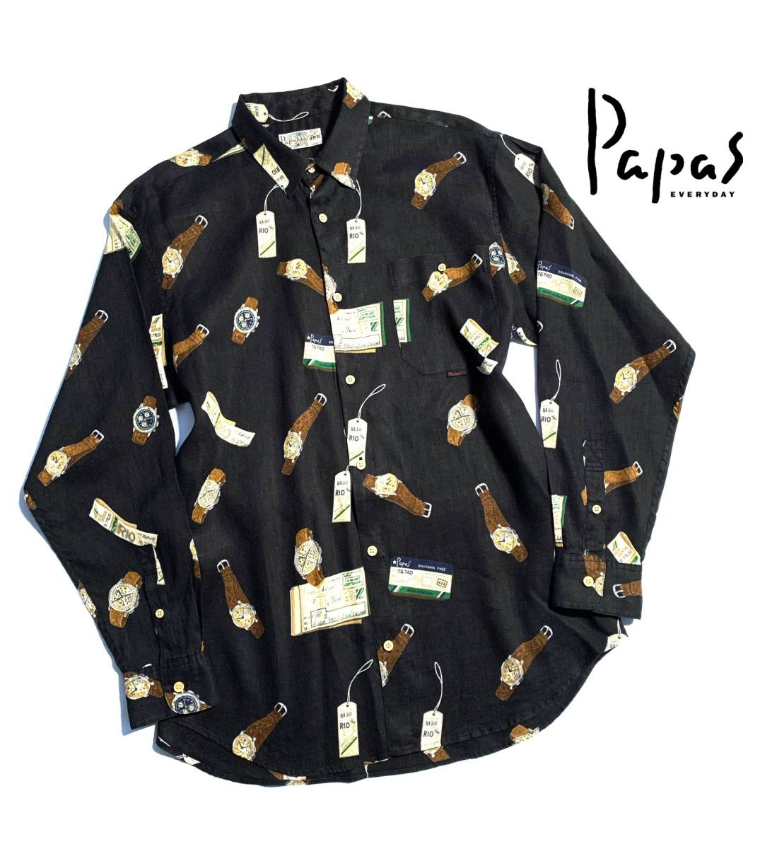 極美品【定価3.9万】Papas パパス リネン 長袖シャツ L(50) 総柄 時計プリント【専門店クリーニング済】送料370円 上品な大人の一着 麻 黒