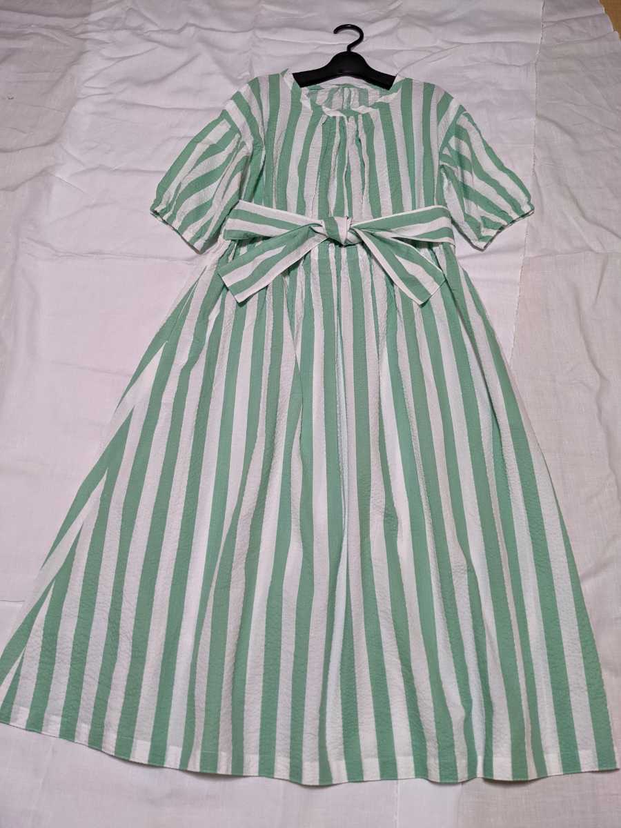 ハンドメイド ふんわり 大人服 コットンリップル 爽やか ミントグリーン ウエストゴム ギャザー リボン ワンピース フリーサイズ ハンドメイド  ふんわり 大人服 涼しい服 手作り服 大きいサイズレディースプロヴァンス風レモン柄リップルブラウス／綿