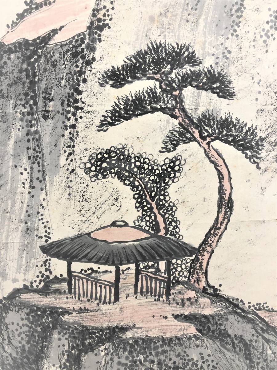 No5570掛軸　無落款　山水図　紙本着色　唐画　中国画　古画　古美術　送料無料 Painting Class: Landscape 古びた蔵 掛け軸 山水図 中国独自の絵画