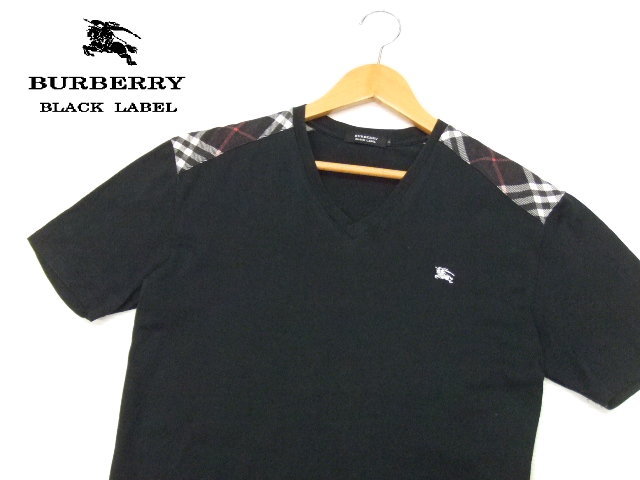 ■BURBERRY BLACK LABEL■半袖カットソー 黒 サイズ3 肩チェック柄 Vネック Tシャツ 正規品 バーバリーブラックレーベル