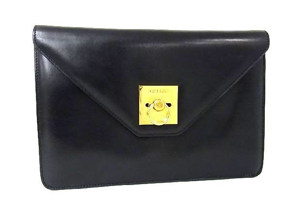 1円 ■美品■ CELINE セリーヌ ヴィンテージ ガンチーニ レザー G金具 クラッチバッグ セカンドバッグ レディース ブラック系 Q0303KN かばん、バッグ ファッション
