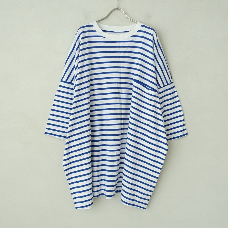 ■キャピタル KAPITAL *ボーダーポケット天竺オーバー半袖Tシャツ*Fホワイトブルー幅広ワイドコットンワンピース0721【32G12】