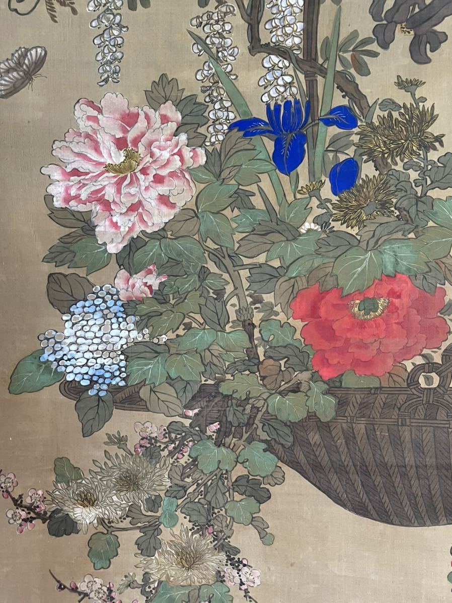 柳沢淇園・柳里恭 花篭双図 絹本 掛軸 書画 文人画家 時代箱 【公式通販】